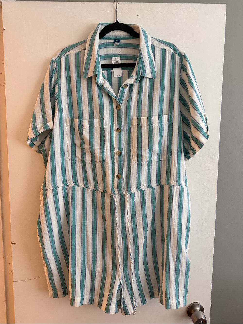 Old Navy Teal & White Striped Short-Sleeve Button Romper